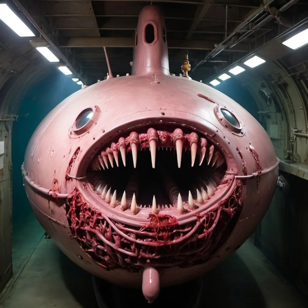 Prompt: A submarine made out of human flesh. And jts bleeding. It has eyes. 