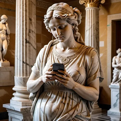 Prompt: Greek statue woman on smartphone, marble sculpture, ancient setting, detailed carving, realistic, lifelike, classic art, high quality, marble sculpture, ancient, detailed carving, peaceful atmosphere, warm natural lighting