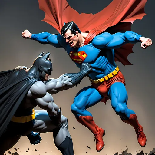 Prompt: Once a time ago, a superman fight with the Batman Batman is very angry on Superman. He has just fighting with knife and superman, always flying away.