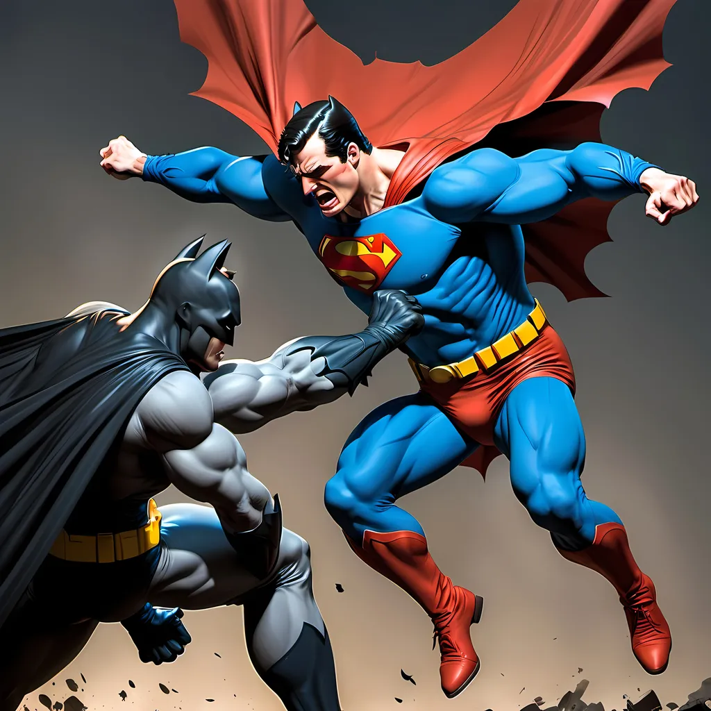 Prompt: Once a time ago, a superman fight with the Batman Batman is very angry on Superman. He has just fighting with knife and superman, always flying away.