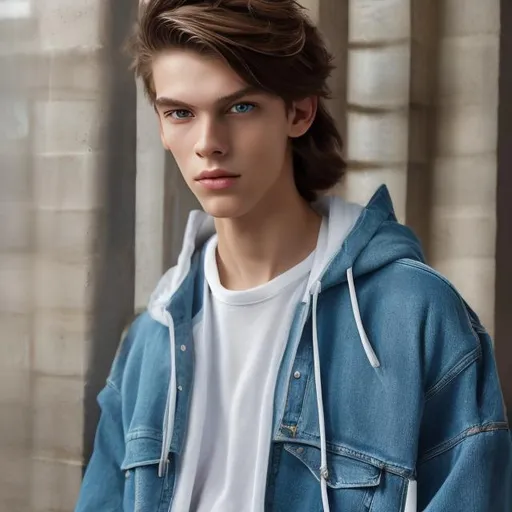 Prompt: Studio quality portrait of an incredibly handsome, slender 14 year old American boy, slim muscular build, medium length hair, very attractive, chiseled jaw, large realistic blue eyes, wearing a hoodie and tight jeans that show his large package