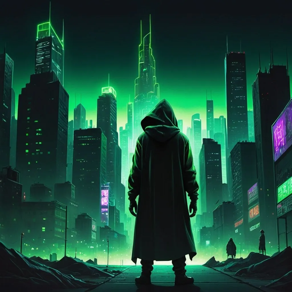 Prompt: depict a neon-lit city scape dystopia. one dark hooded fugure holds a smartphone In this vast cityscape. a large powerful being is towering over the whole city and watching the dark hooded figure, trying to catch him. the dark hooded figure has some green light emitting from him. There are other green lights around the city.