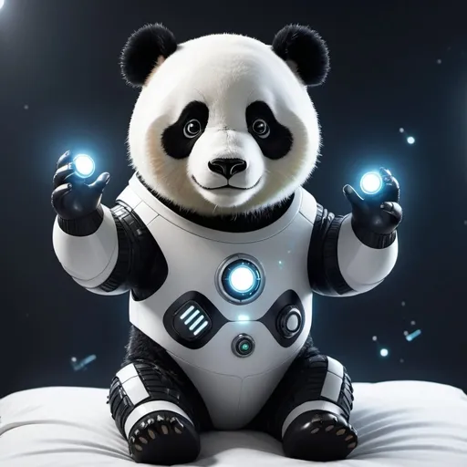 Prompt: A futuristic panda is on his bed. He has a futuristic space suit on with lights.