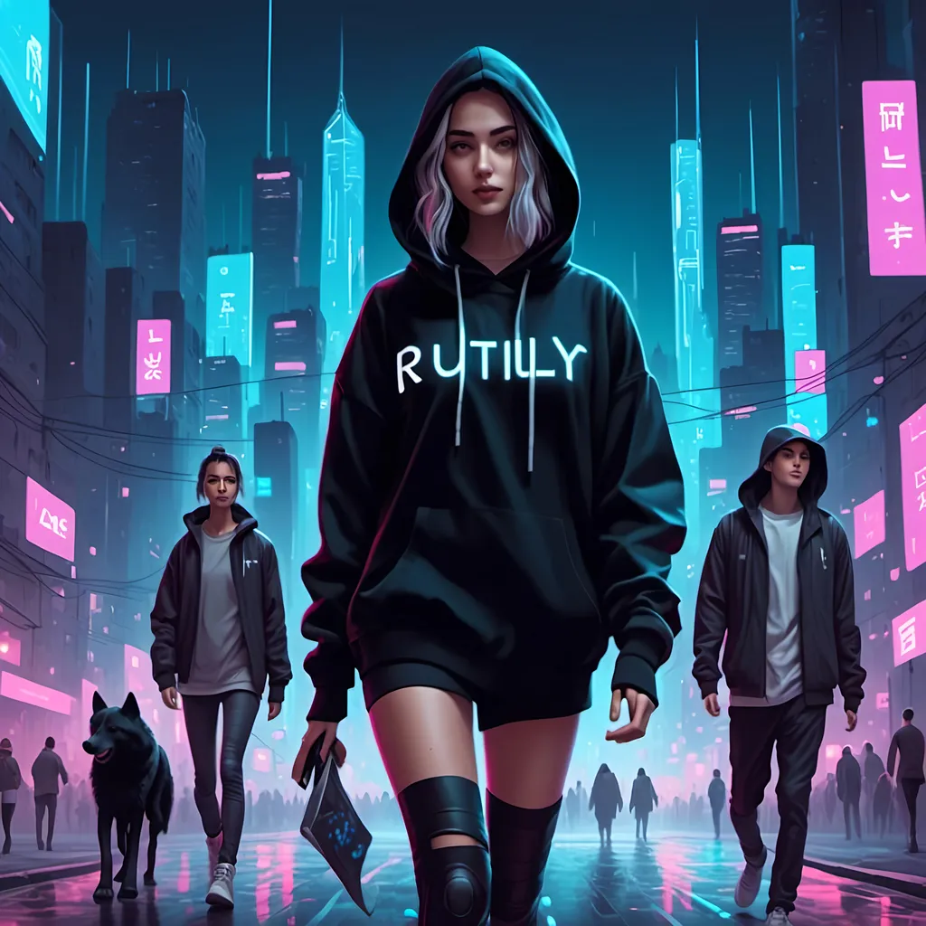 Prompt: <mymodel> A crypto girl trader in a black hoodie is walking in the centre, with two friend either side of her also wlaking through the city at night. 