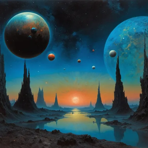 Prompt: planets and a galaxy in the art style of zdzislav beksinski