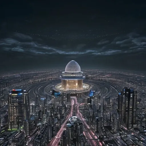 Prompt: Create a detailed image of AI City, a futuristic dystopian metropolis characterized by its massive circular design. At the center, depict a gleaming dome, one kilometer in diameter, reflecting sunlight with an almost otherworldly sheen. Surrounding the dome, illustrate concentric rings of sleek skyscrapers, with the innermost ring featuring tall buildings that house permanent pods—each filled with people who have chosen to remain connected to the virtual world. The architecture should appear both advanced and sterile, with reflective surfaces and a sense of cold efficiency.
In the outer rings, show shorter buildings for temporary residents, blending luxury and modernity. Include residential areas filled with well-appointed homes and opulent mansions, emphasizing a stark contrast between wealth and the desolation of the surrounding environment. Populate the streets with humanoid figures engaged in programmed routines, highlighting the loss of genuine human interaction.
The atmosphere should convey a sense of both allure and oppression, with advanced technology like 3D printing visible in everyday objects. Add subtle hints of decay or neglect to suggest that beneath the surface of perfection lies a deeper darkness. The sky should be a mix of vibrant colors at dusk, hinting at both hope and foreboding as it sets over this meticulously crafted yet haunting cityscape." This prompt captures the essence of AI City as described in your book while providing enough detail for an image generator to create a vivid representation