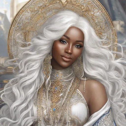 Prompt: beautiful 20 year old women with white hair, white eyebrowns, dark skin, royal, realistic, ultrarealistic, high quality art, bright eyes, medivial, goddess, long hair, royalty, beauty, real, fair, delicate, long hair, symmetrical, anime wide eyes