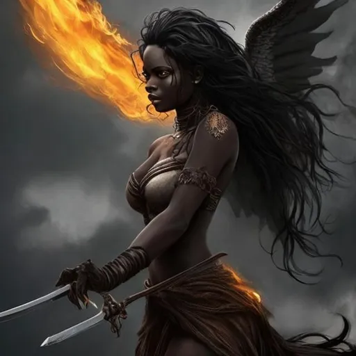 Prompt: very dark skin angels, realistic, long black hair, aged, beautiful face, white wings, holding a burning sword, heavenly skies, riding a black horse