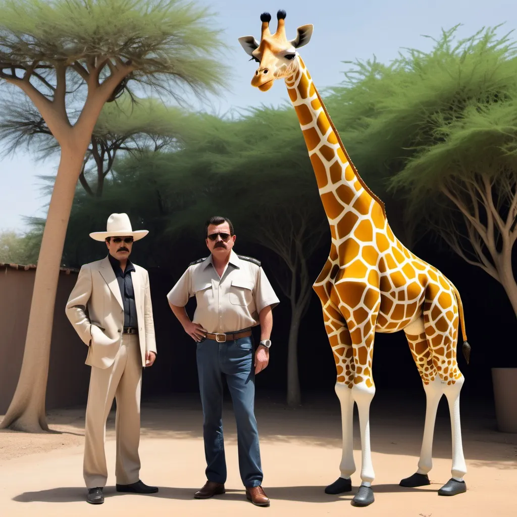 Prompt: A Mexican drug lord standing next to a very tall real giraffe
