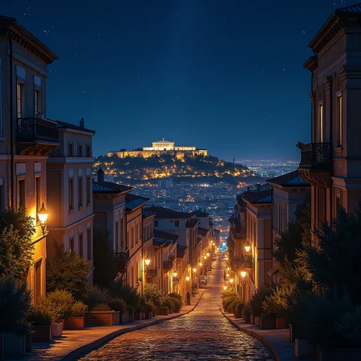 Prompt: Athens at night, (breathtaking cityscape), illuminated ancient architecture against a starry sky, vibrant lights reflecting on cobblestone streets, warm and inviting ambiance, rich historical elements, bustling with life, dramatic contrasts of shadows and light, (ultra-detailed), atmosphere filled with a blend of modern energy and classic charm, 4K quality.