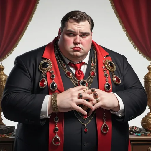 Prompt: fantasy bureaucrat, fat human with multiple jewels and rings, red and black cloth