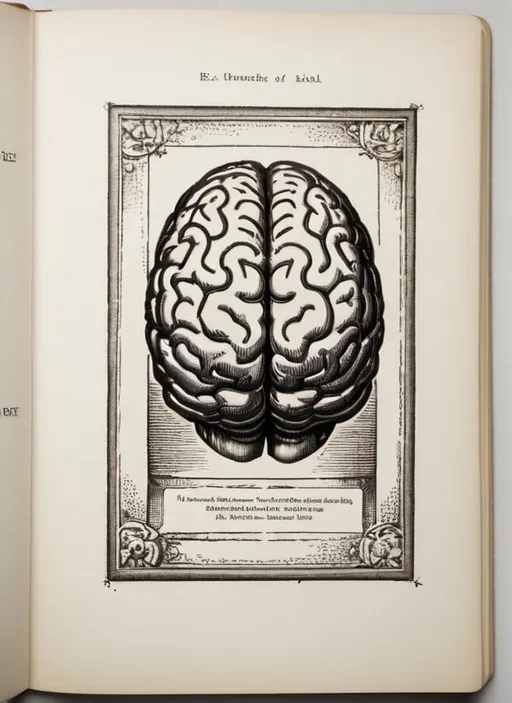 Prompt: Ex Libris image of a brain and a book with the brain viewed from the top