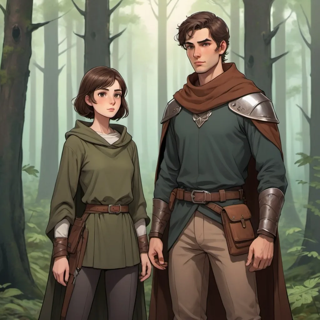 Prompt: A tall brunette with magnetic eyes stands next to a shorter buff warrior with cropped brown hair. They are fully dressed in traveler clothes with trousers, long sleeves and cloaks. She is a little taller than him. They are in a forest. There is only the two of them in the forest. She has a confident, mesmerizing beauty.