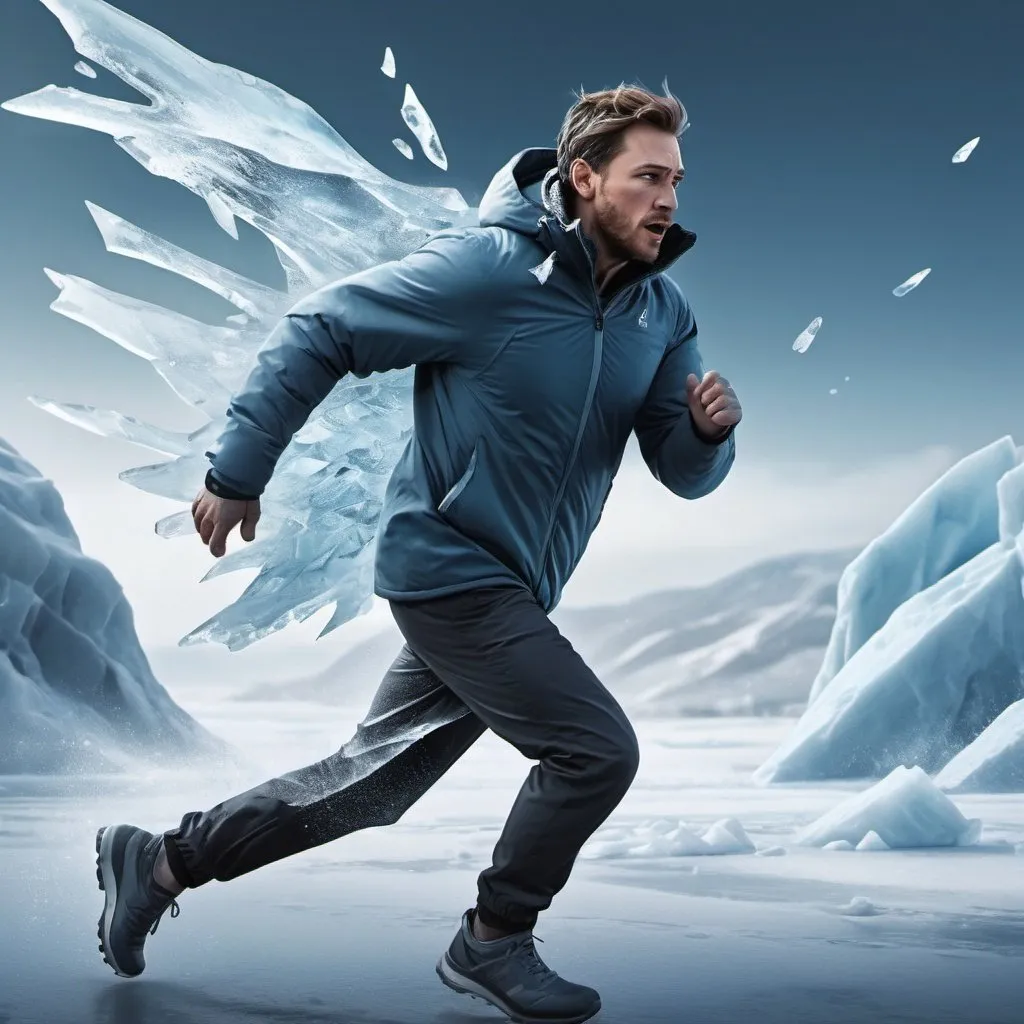 Prompt: Man running in ice, digital painting, ice shards flying, high quality, realistic, intense cold tones, dynamic movement, freezing environment, icy terrain, detailed clothing, snowy landscape, freezing air, realistic frost effects, highres, dynamic pose, professional, atmospheric lighting