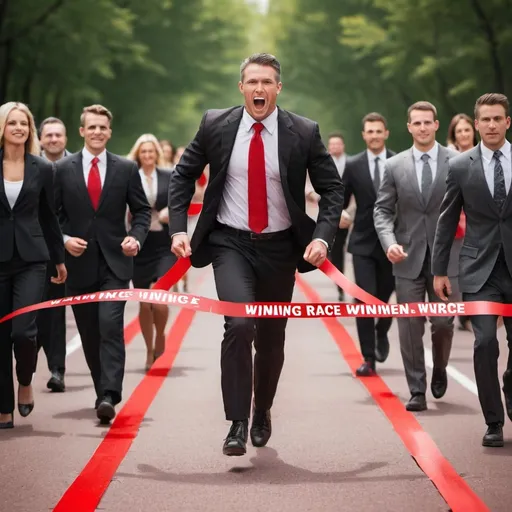 Prompt: Created an image of a man in a business suit. He is in a race with other men and women in suits. He is crossing the finishing line which is made of red tape show the words "winning" on the tape. Make sure there are women in the race