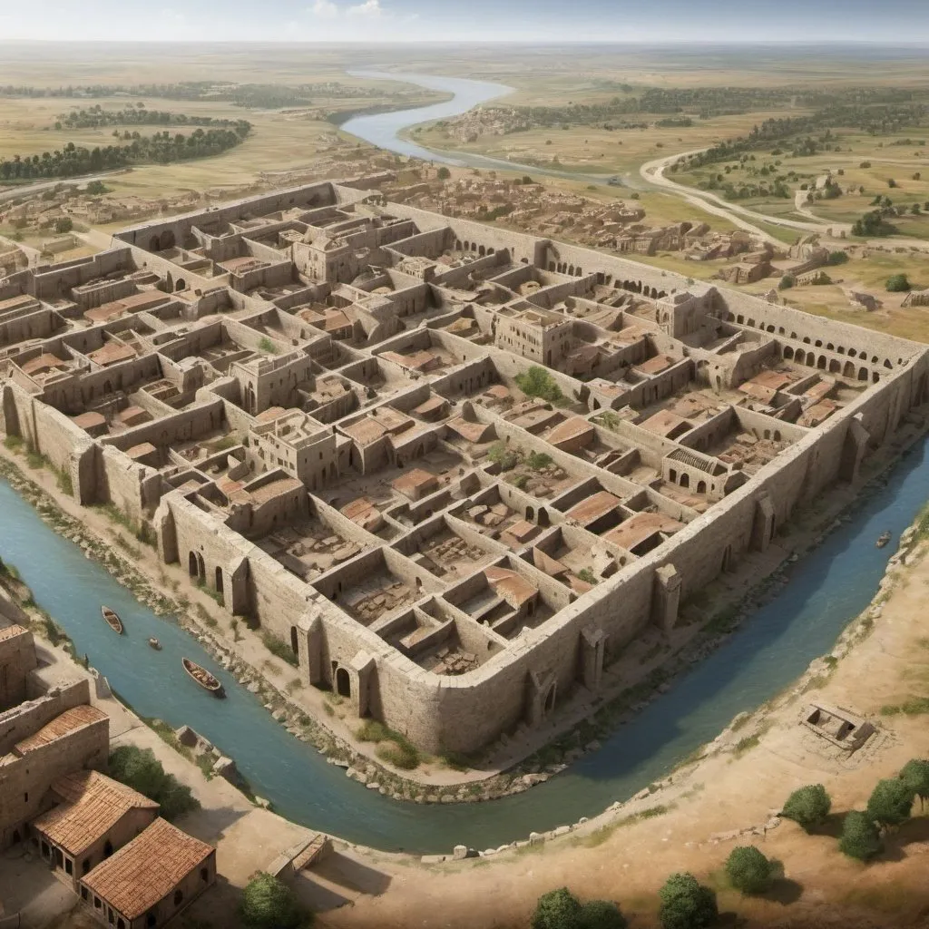 Prompt: A Bronze Age city city, constructed of stone and with a river at its center