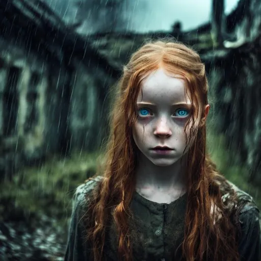 Prompt: Fear and Hunger game style. Dark Fantasy. Depression. Young women. Ginger hair. Blue eyes. Rain. Girl with wet ginger hair and blue eyes stay at night at the yard in the abandoned village in the rain. Portrait. 