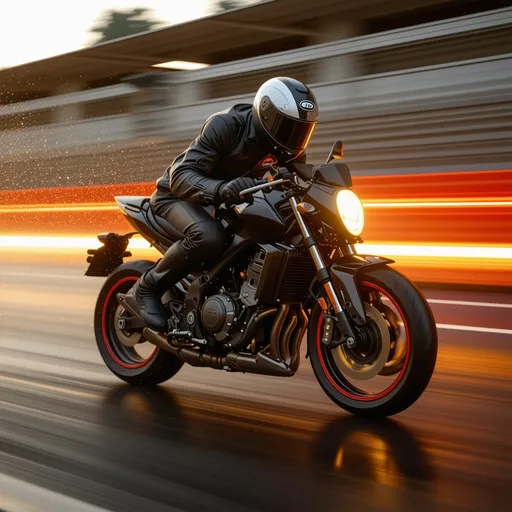 Prompt: Create a dynamic image of a motorbike rider in motion, captured with a panning effect. The rider is leaning into a turn on a sleek, powerful motorbike, wearing a bold helmet wearing a leather jacket. The background is a motion-blurred streak of vibrant colors, emphasizing speed and energy. The color palette includes black for the bike and outlines, and gold for accents and highlights, creating a striking and focused composition. Hyperrealistic photocinematic. ray trayced. 4d