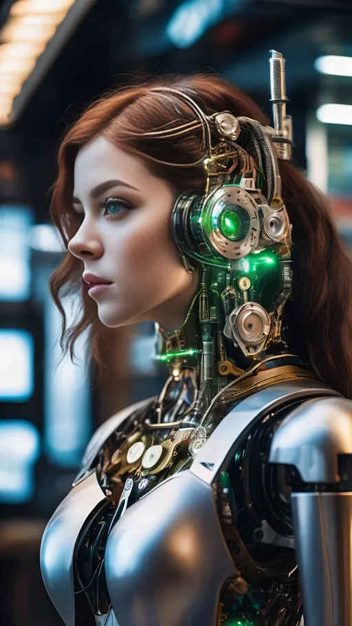 Prompt: 8K photo, cinematic, retro sci-fi, steampunk robot|cyborg woman with ((human head and  mechanical robot body)), heterochromia, machine arms with exposed wires and gears, electric heart, beautiful face, green eyes, auburn hair, clockwork gears, brass, glass, wires, top hat, standing in a McDonalds, gauges, buttons, levers, high detail, 128k