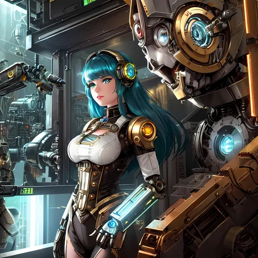 Prompt: 8K photo, cinematic, retro sci-fi, steampunk robot|cyborg woman with ((human head and  mechanical robot body)), heterochromia, machine arms with exposed wires and gears, electric heart, beautiful face, green eyes, auburn hair, clockwork gears, brass, glass, wires, top hat, gauges, buttons, levers, high detail, 128k