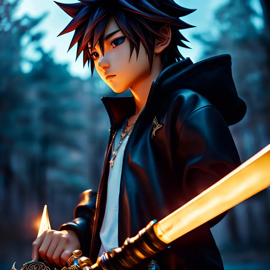 Prompt: back-facing, 128k, artistic photo of Sora resting a Keyblade on his shoulder, kingdom hearts, detailed clothing, high quality, digital art, cool tones, atmospheric lighting, colorful, subset background