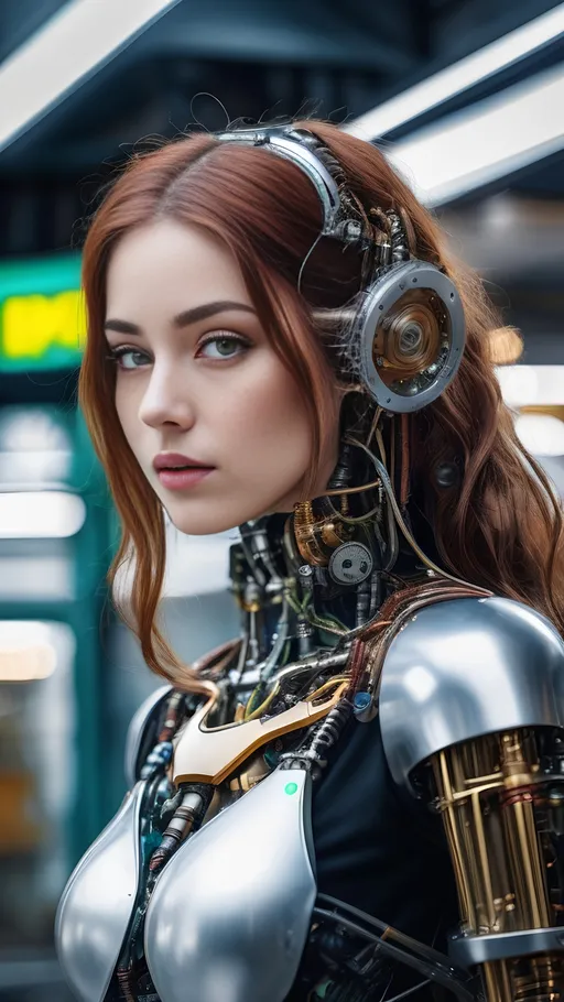 Prompt: 8K photo, cinematic, retro sci-fi, steampunk robot|cyborg woman with ((human head and  mechanical robot body)), heterochromia, machine arms with exposed wires and gears, electric heart, beautiful face, green eyes, auburn hair, clockwork gears, brass, glass, wires, top hat, standing in a McDonalds, gauges, buttons, levers, high detail, 128k