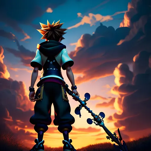 Prompt: back-facing, 128k, artistic photo of Sora resting a Keyblade on his shoulder, kingdom hearts, detailed clothing, high quality, digital art, cool tones, atmospheric lighting, colorful, subset background