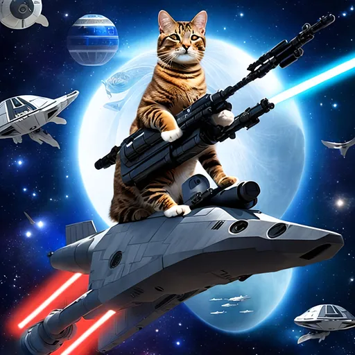 Prompt: cat with a star wars rifle, sitting on the back of a whale in space