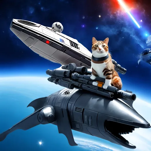 Prompt: cat with a star wars rifle, sitting on the back of a whale in space