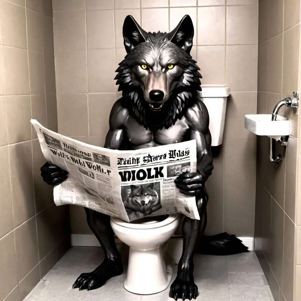 Prompt: a alpha wolf sitting on the toilet reading a newspaper