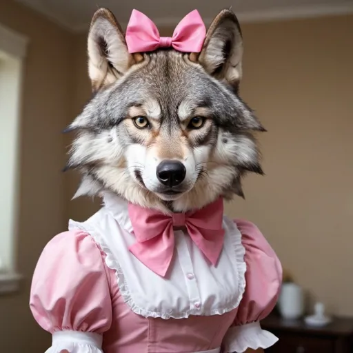 Prompt: a alpha wolf looking angry wearing a cute pink bow and a maid dress