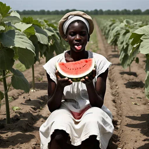 Prompt: Black slave eating a watermelon on cotton plantation 