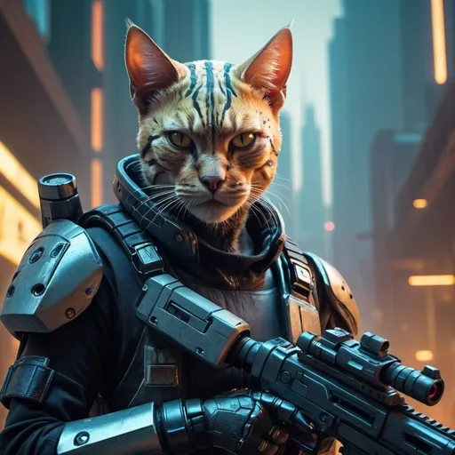 Prompt: Sci-fi bounty hunter with fierce feline head, carrying laser pistols, dystopian setting, detailed futuristic cityscape, intense and focused gaze, high-tech weapons, cybernetic enhancements, 4k, ultra-detailed, sci-fi, dystopian, fierce feline head, laser pistols, futuristic cityscape, cybernetic enhancements, intense gaze, professional lighting