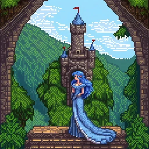 Prompt: Beautiful blue-haired princess in a castle turret, overlooking a lush forest, fantasy illustration, detailed flowing hair, intricate castle architecture, serene and majestic, high quality, fantasy, castle, detailed hair, princess, forest view, serene atmosphere