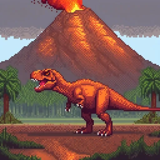 Prompt: Tyrannosaurus Rex near volcano, realistic digital painting, fiery atmosphere, high quality, detailed scales, intense gaze, prehistoric landscape, volcanic eruption, dramatic lighting, vibrant color palette, realistic, detailed, dynamic composition