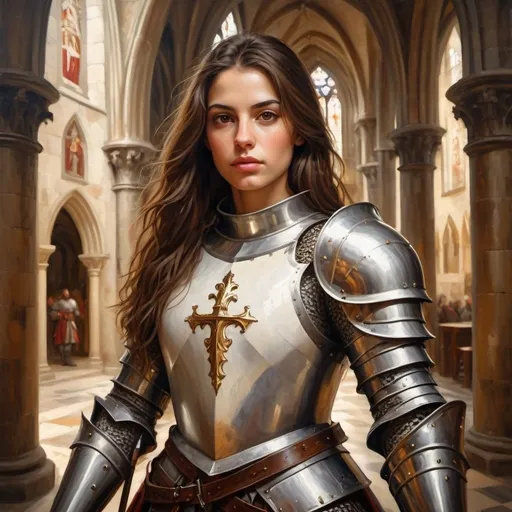 Prompt: Beautiful Portuguese woman, long brown hair, brown eyes, white knights armour, carrying sword, inside cathedral, oil painting, detailed features, high resolution, medieval, warm tones, natural lighting