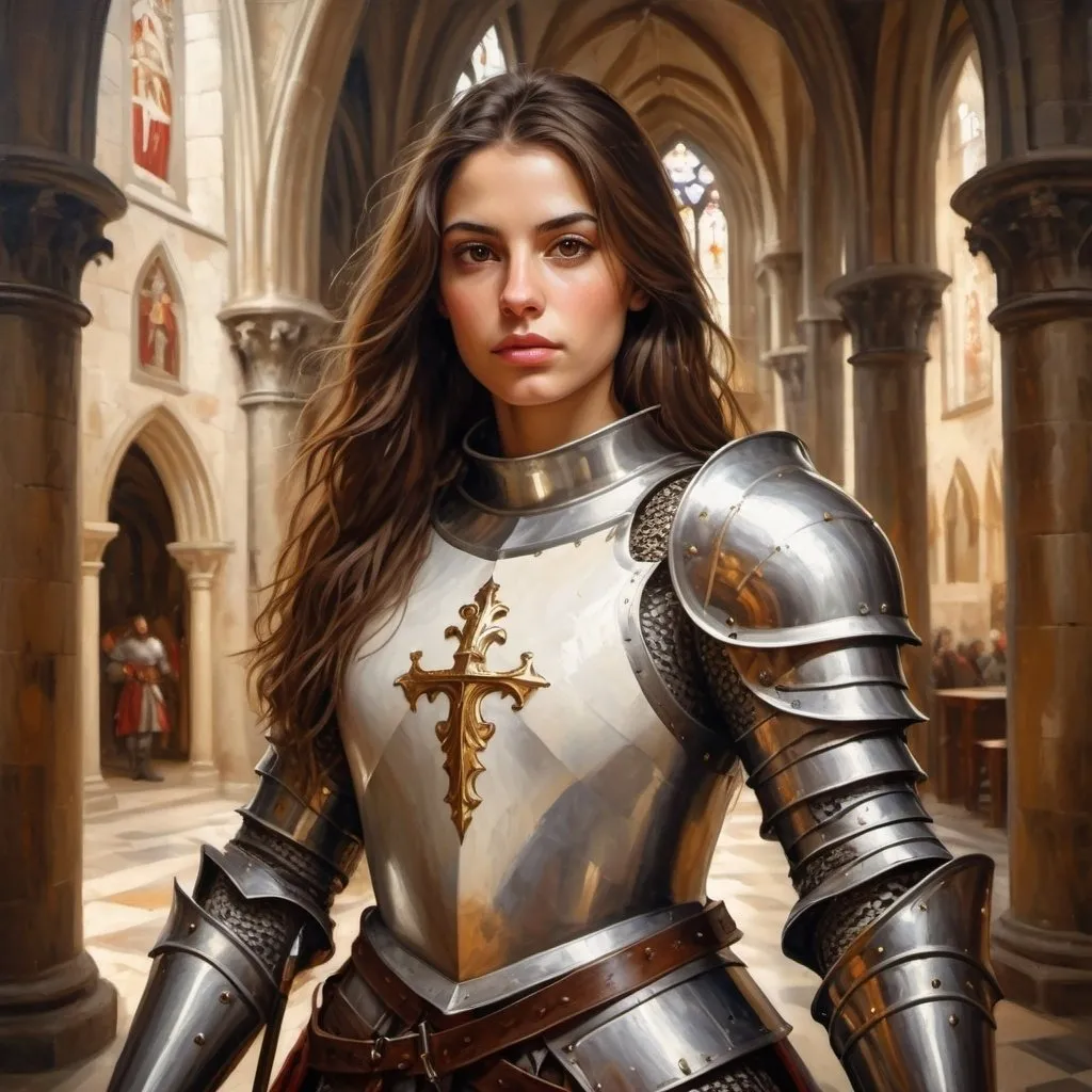 Prompt: Beautiful Portuguese woman, long brown hair, brown eyes, white knights armour, carrying sword, inside cathedral, oil painting, detailed features, high resolution, medieval, warm tones, natural lighting