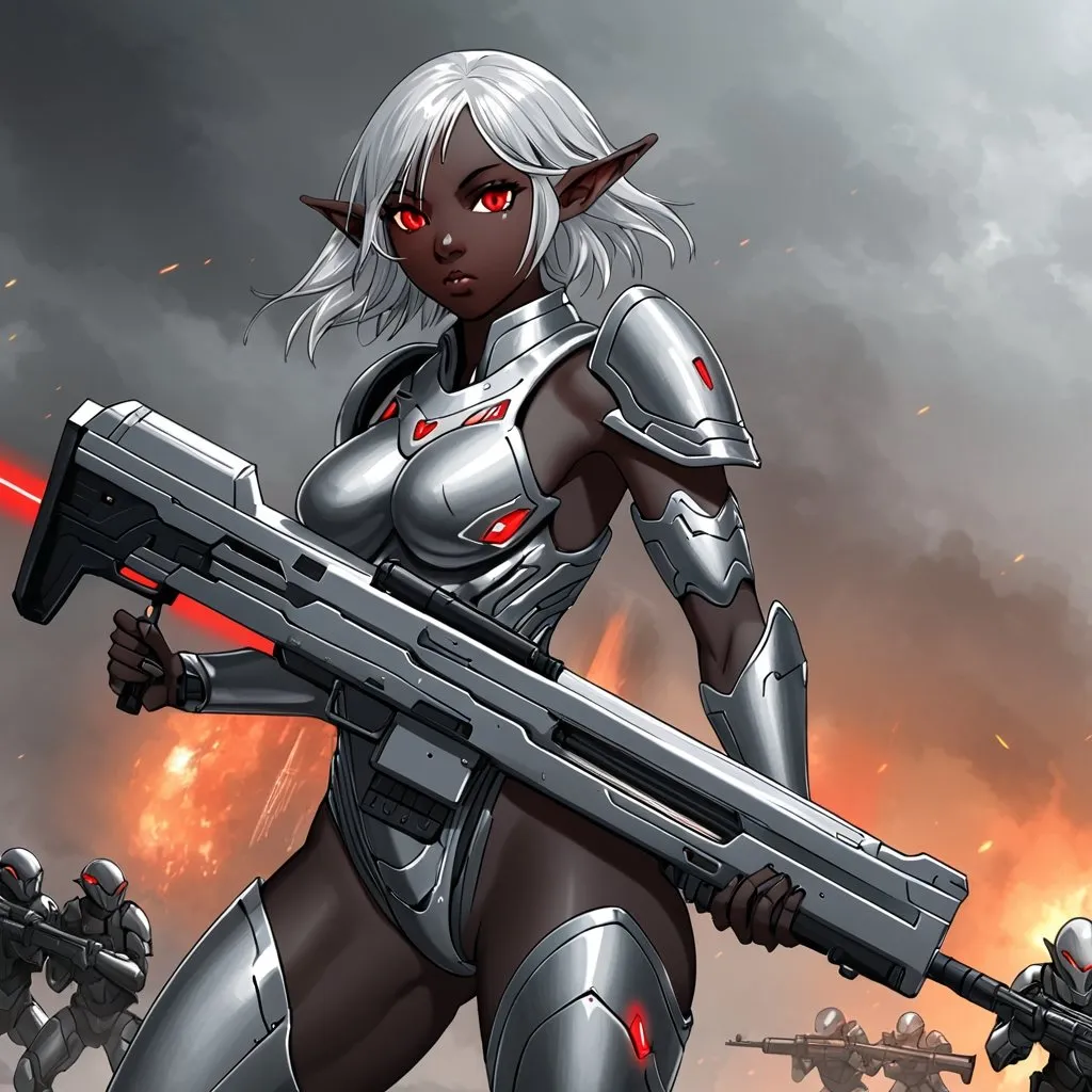 Prompt: Giant female elf black skin red eyes grey hair grey body armour carrying futuristic rifle behind enemy lines 