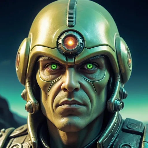 Prompt: Strontium Dog face to face with alien fugitive, futuristic-retro futurism, detailed facial features, 3D rendering, intense and dramatic expression, high quality, retro-futurism, detailed eyes, advanced technology, cool tones, dynamic lighting, alien landscape, highres, ultra-detailed, futuristic, retro, intense gaze, sci-fi, dramatic atmosphere