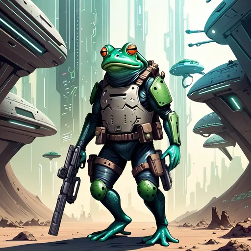 Prompt: Futuristic frog bounty hunter carrying weapons in sci fi setting 