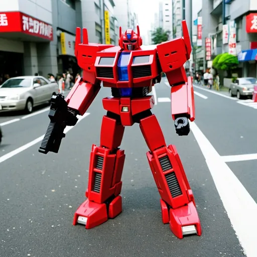 Prompt: G1 version of Cliffjumper from Transformers firing laser pistol in Tokyo streets.