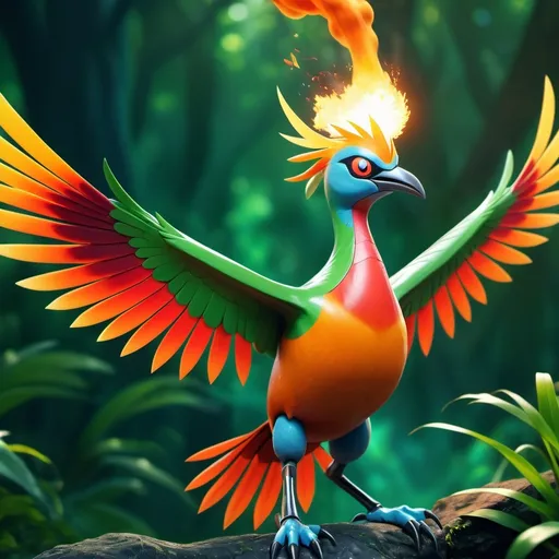 Prompt: (Fire breathing razor bird Pokémon), (dynamic pose), vibrant colors, fiery tones, intense flames, sleek feathers, sharp edges, dramatic lighting, lush green background, showcasing a wild environment, evoking a sense of energy and power, mythical creature, ultra-detailed, HD, cinematic atmosphere.