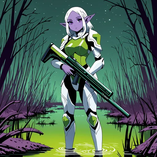 Prompt: Giant female elf mauve skin purple eyes white hair wearing green body armour holding futuristic shotgun in swamp at night 
