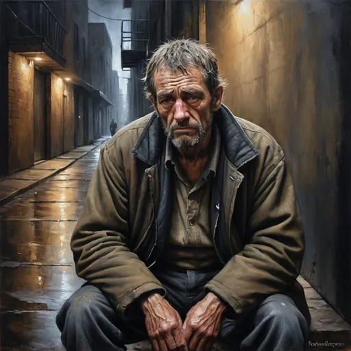 Prompt: Lonely homeless man in a back alley, oil painting, desolate surroundings, gritty realism, dark and somber tones, dramatic lighting, ultra-detailed, emotive, expressive face, rugged, worn-out clothing, cityscape in the background, reflective lighting, oil painting, desolate, gritty, dramatic lighting, somber tones, expressive face