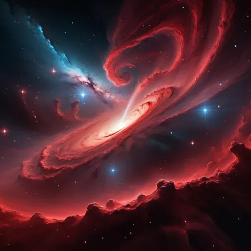 Prompt: (hyper-detailed space scene), (vast deep space), vibrant red galaxy swirling with energy, starlit backdrop, luminous stars scattered across black void, nebula clouds in shades of crimson, dramatic lighting, ethereal ambiance, high quality, cinematic depth, captivating cosmic composition.