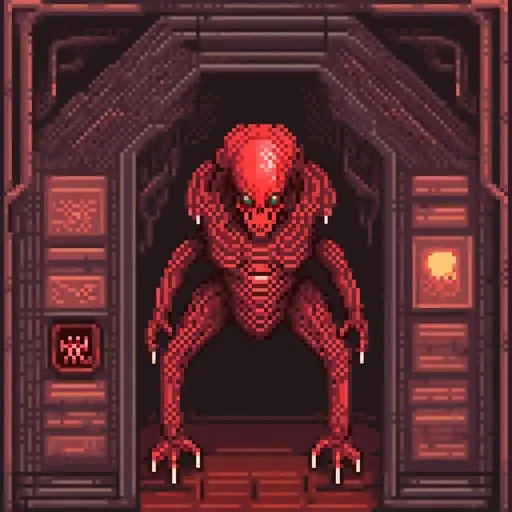 Prompt: Red xenomorph inside hive, detailed alien anatomy, ominous atmosphere, high quality, dark and intense lighting, sci-fi horror, dark red tones, intricate hive structure, menacing presence, shadowy corridors, eerie glow, alien queen, claustrophobic environment, otherworldly, detailed textures, sinister, menacing aura