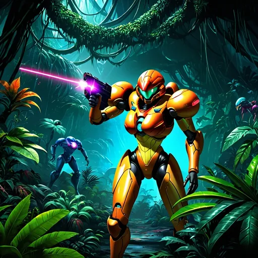 Prompt: Samus from Metroid, (showing her face, blonde hair), equipped with a laser pistol, in a (dangerous alien jungle), (detailed foliage), vibrant colors, (intense atmosphere), dynamic lighting casting dramatic shadows, (highly detailed), immersive environment with exotic plants and menacing creatures lurking, (4K, ultra-detailed), cinematic depth, exploring a hostile, unknown world.