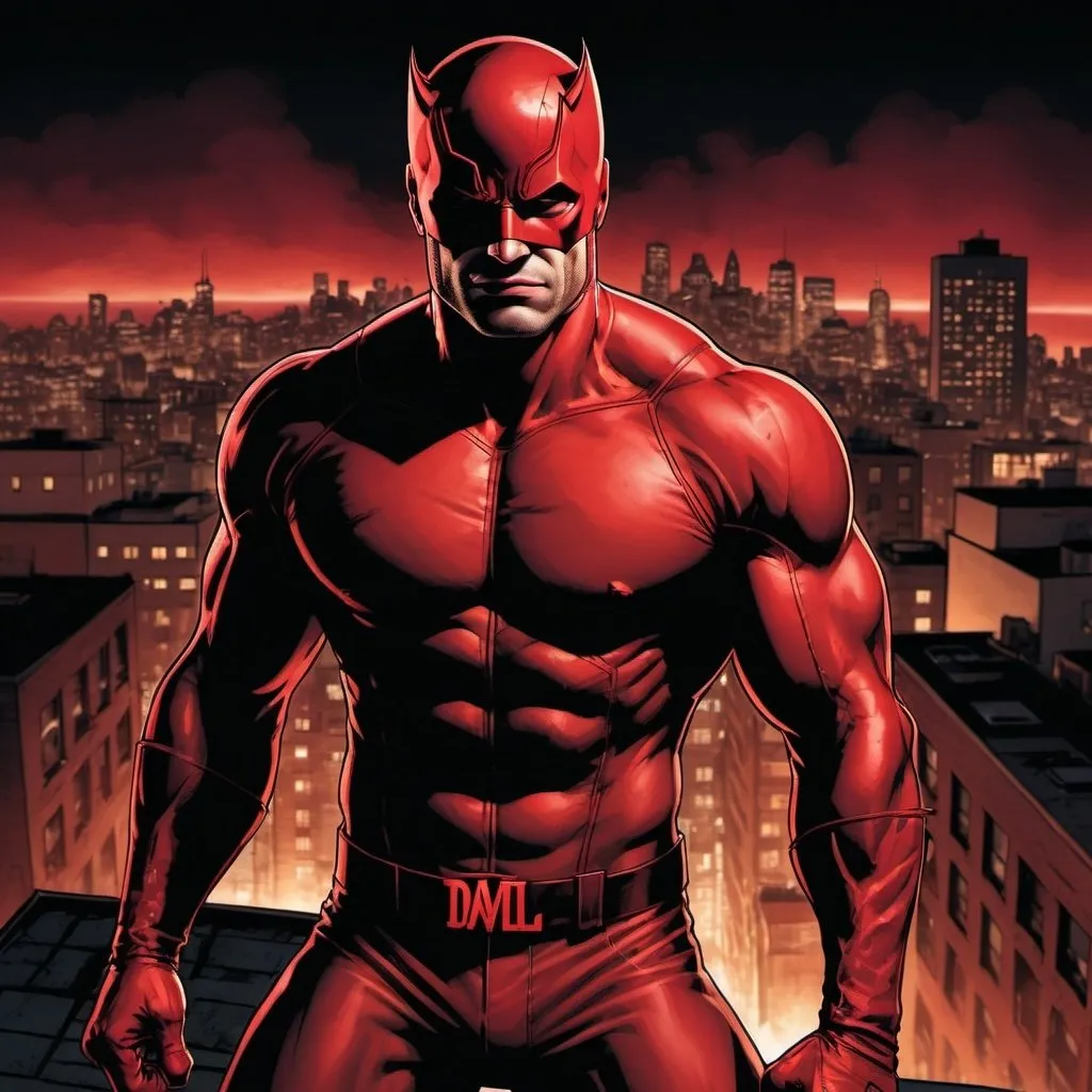 Prompt: Daredevil from Marvel Comics standing on a building rooftop in Hell's Kitchen, comic book style, nighttime urban setting, red and black tones, dramatic lighting, detailed muscular physique, intense and determined expression, high quality, comic book style, urban, detailed physique, dramatic lighting, nighttime setting, Marvel Comics, Hell's Kitchen, intense expression