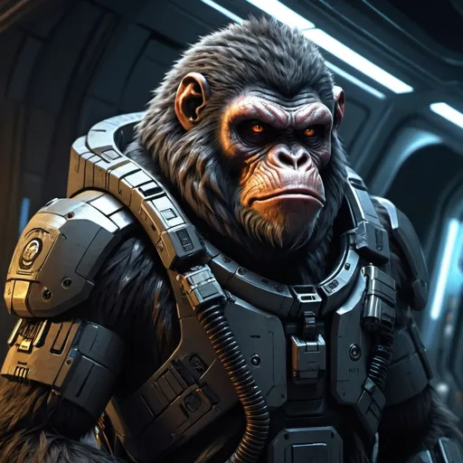 Prompt: Hairy ape creature bounty hunter, futuristic rifle, spacecraft, futuristic armor, intense and rugged, high-tech, detailed fur and facial features, sci-fi, dark and moody, professional, atmospheric lighting, highres, ultra-detailed, cyberpunk, space setting, intense gaze, spacecraft interior