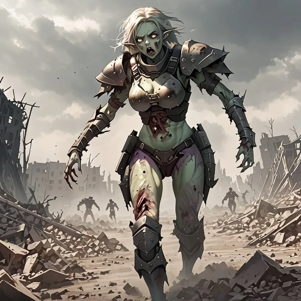 Prompt: Giant zombie female elf wearing body armour staggering through wasteland 
